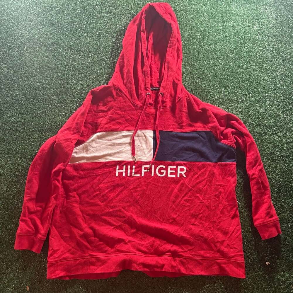 Tommy Hilfiger Sport Red Hoodie with Flag Logo, Size 1X